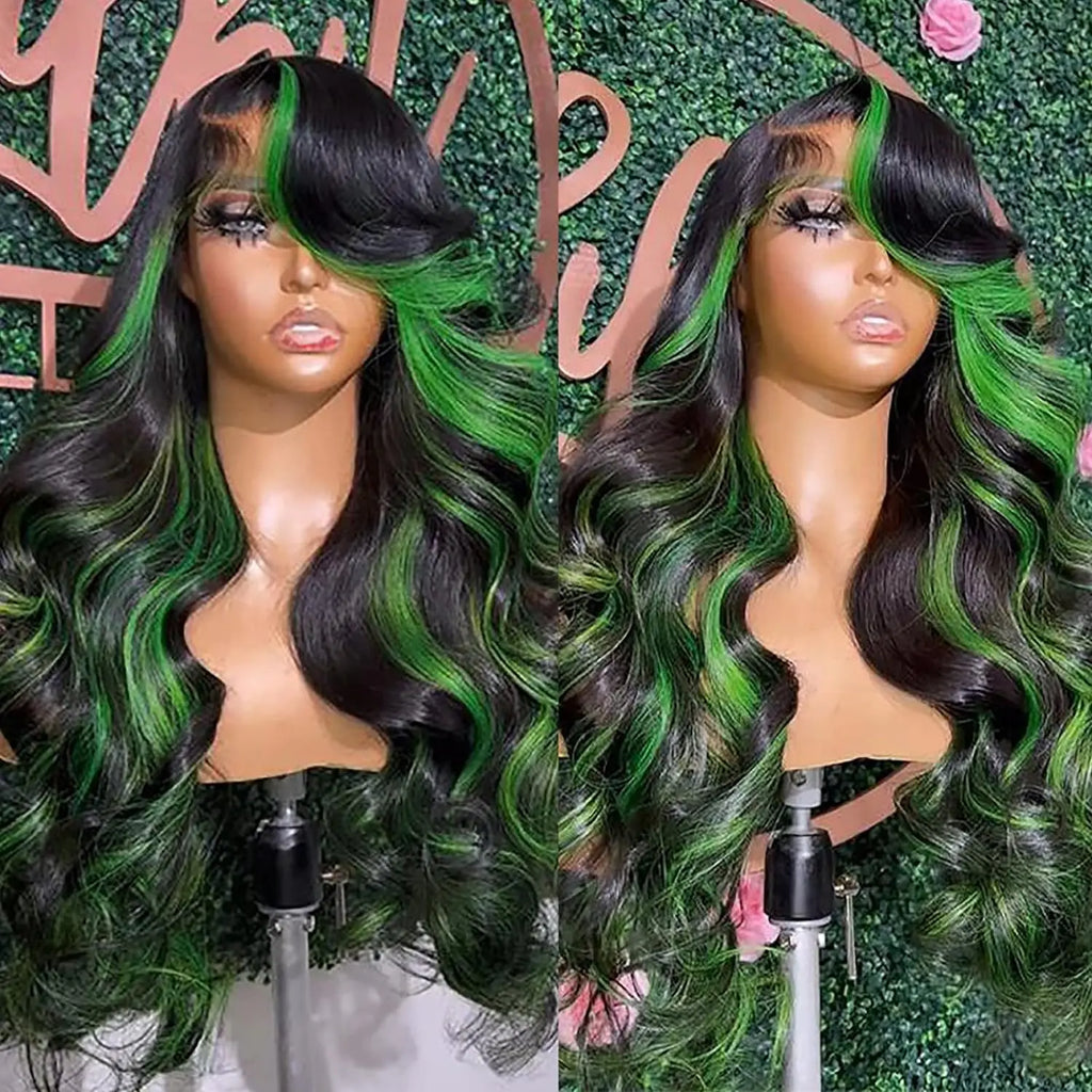Highlight Green With Black Wig Synthetic Lace Frontal Wig Pre Plucked With Baby Hair 180% Density Fiber 13X4 Lace Front Wigs