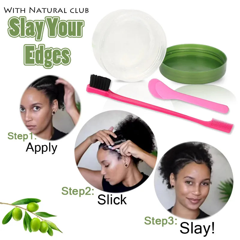 New Edge Control Wax For Women Strong Hold Olive Oil Edges Control Gel With Brush Spoon Babys Hair Edge Smoother Creme 2.25Oz