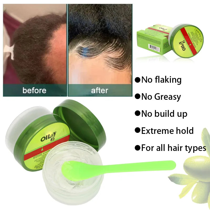 New Edge Control Wax For Women Strong Hold Olive Oil Edges Control Gel With Brush Spoon Babys Hair Edge Smoother Creme 2.25Oz