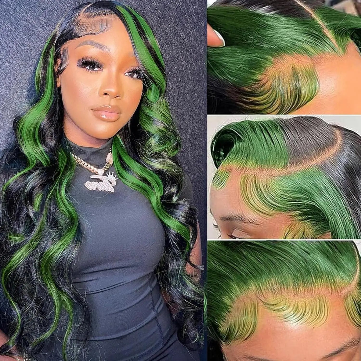 Highlight Green With Black Wig Synthetic Lace Frontal Wig Pre Plucked With Baby Hair 180% Density Fiber 13X4 Lace Front Wigs