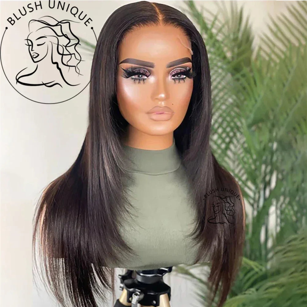 Chocolate Brown with Blonde Layered Straight Lace Front Wig Highlight Skunk Stripe Layered Cut Lace Wigs Synthetic Glueless Wig