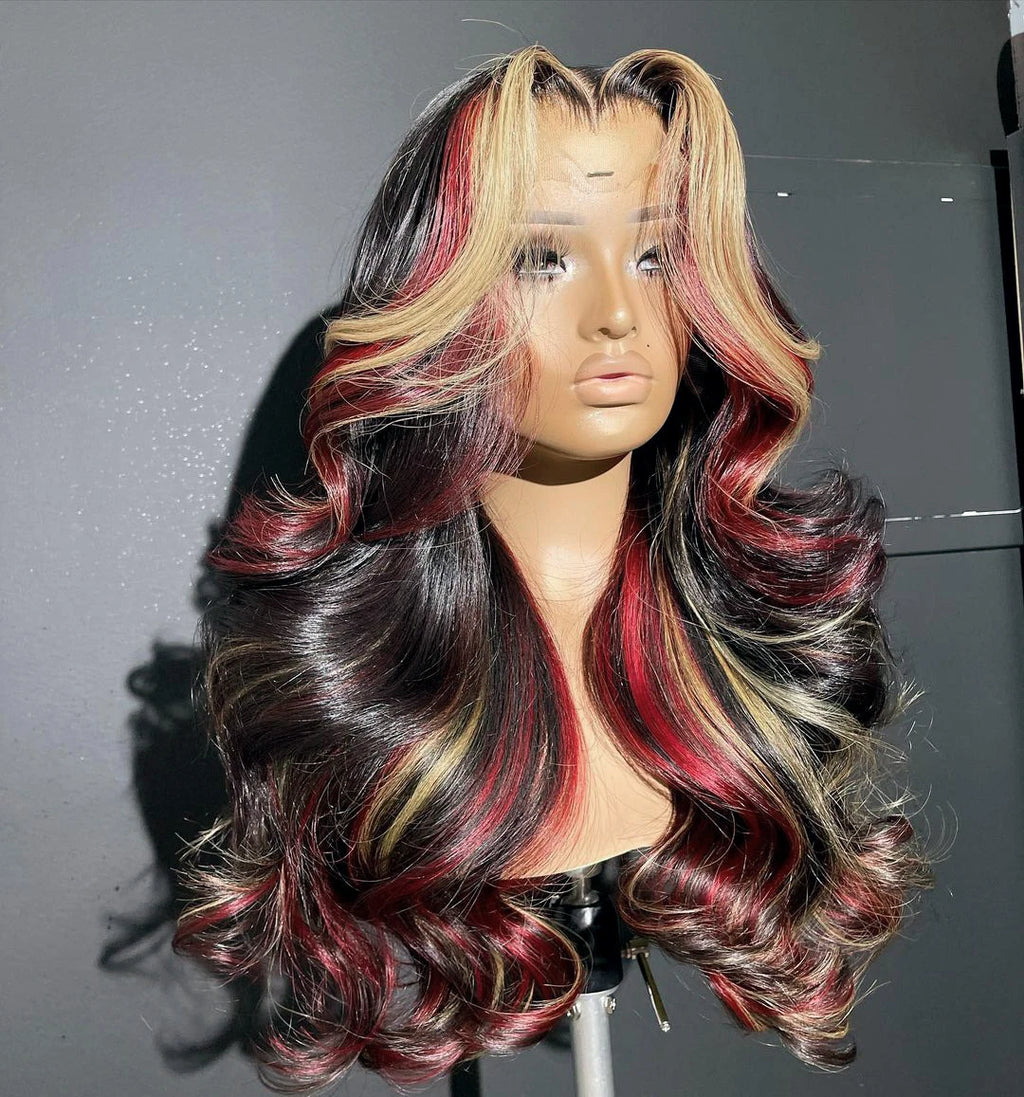 Highlight Green With Black Wig Synthetic Lace Frontal Wig Pre Plucked With Baby Hair 180% Density Fiber 13X4 Lace Front Wigs