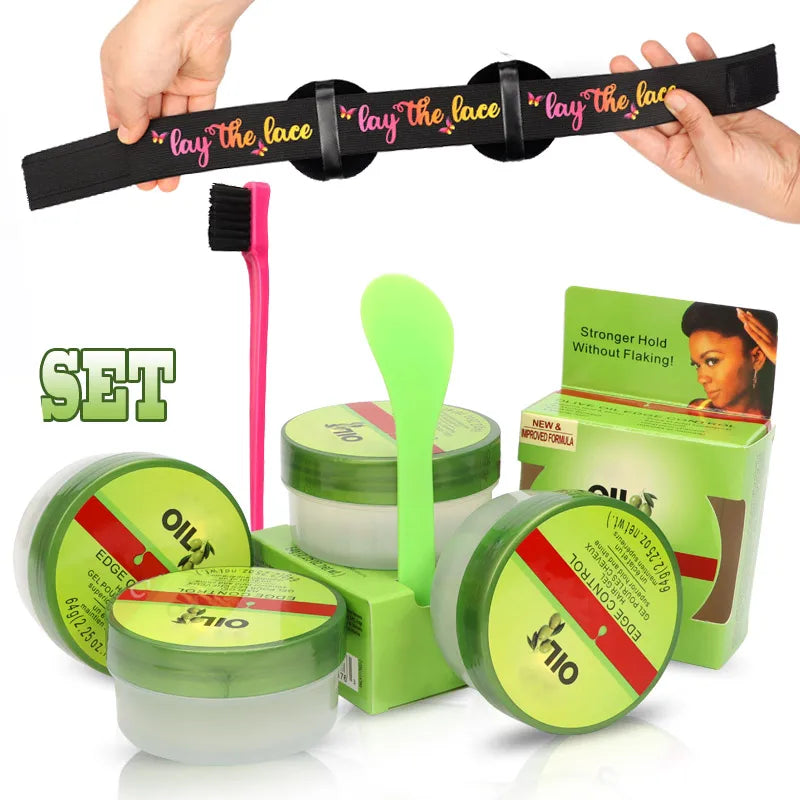 New Edge Control Wax For Women Strong Hold Olive Oil Edges Control Gel With Brush Spoon Babys Hair Edge Smoother Creme 2.25Oz