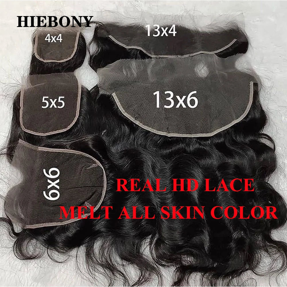 HiEbony Body Wave 13x6 HD Lace Frontal 100% Human Hair Invisiable 5x5/6x6/7x7 HD Lace Closure Melt Skins Pre Plucked Hairline