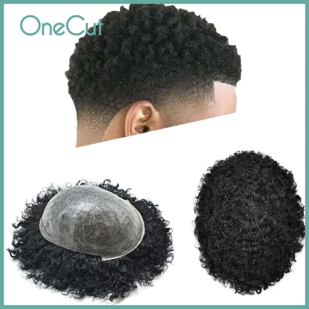 Injection SKIN Full PU 4mm-25mm Afro Curl With Knot Men Toupee Human Hair System Unit Male Hair Capillary Prosthesis Wig For Man