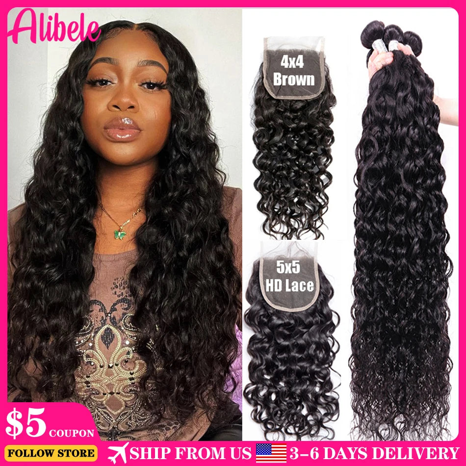 Alibele 5x5 HD Lace Closure With Bundles Malaysia Water Wave Bundles With Closure Long Human Hair Bundles With 4x4 Lace Closure
